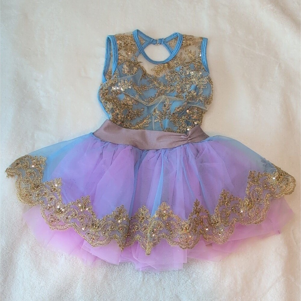 Girls Blue Purple Tutu Dance Costume Dress Sleeveless Gold Sequin Lace Trim